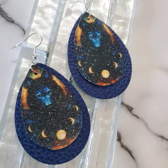 Wolf Moons Blue Faux Leather Teardrop Earrings - Picture 1 of 9